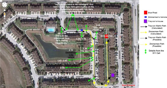 trayvon martin george zimmerman map 911 call timing v 2